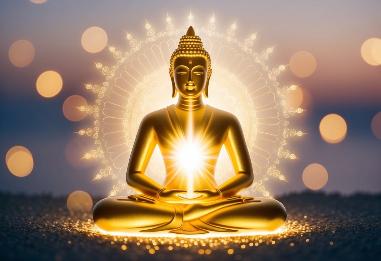 A serene, glowing figure surrounded by light, radiating compassion and wisdom