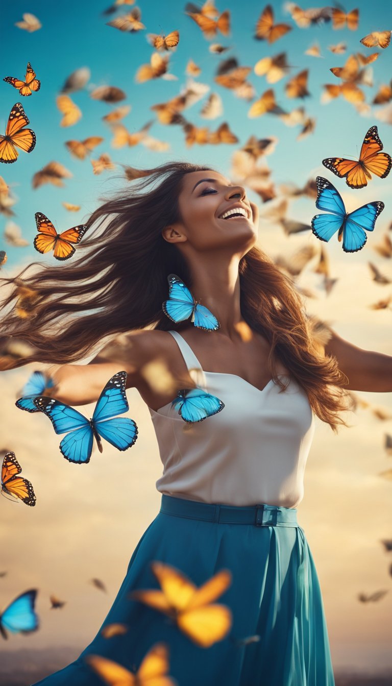 A woman with flowing hair releases colorful butterflies into the sky