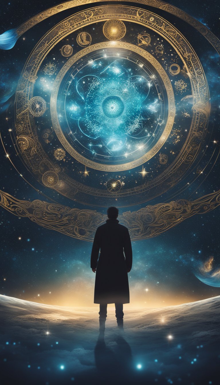 A lone figure surrounded by swirling cosmic symbols and celestial imagery, embodying the rebellious and unconventional spirit of Aquarius