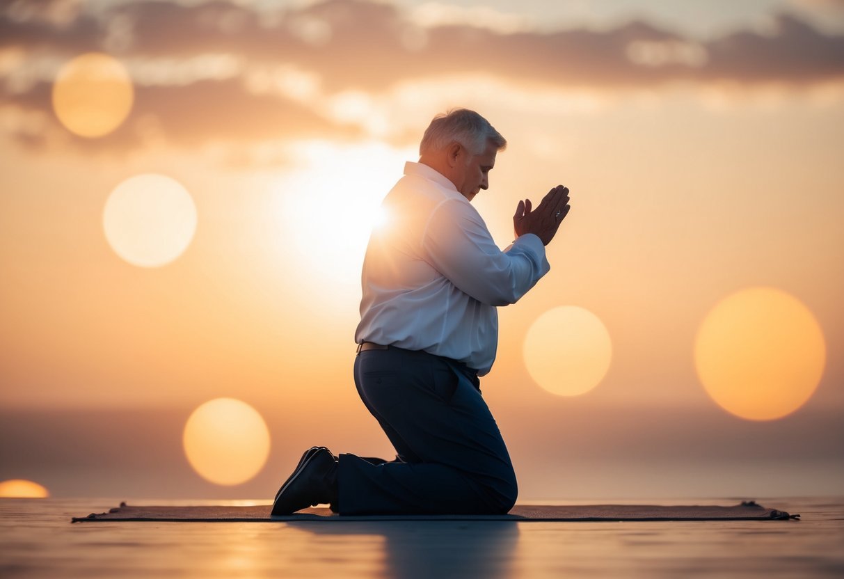 A person kneeling in prayer, surrounded by a warm, glowing light, with a sense of peace and connection emanating from their posture