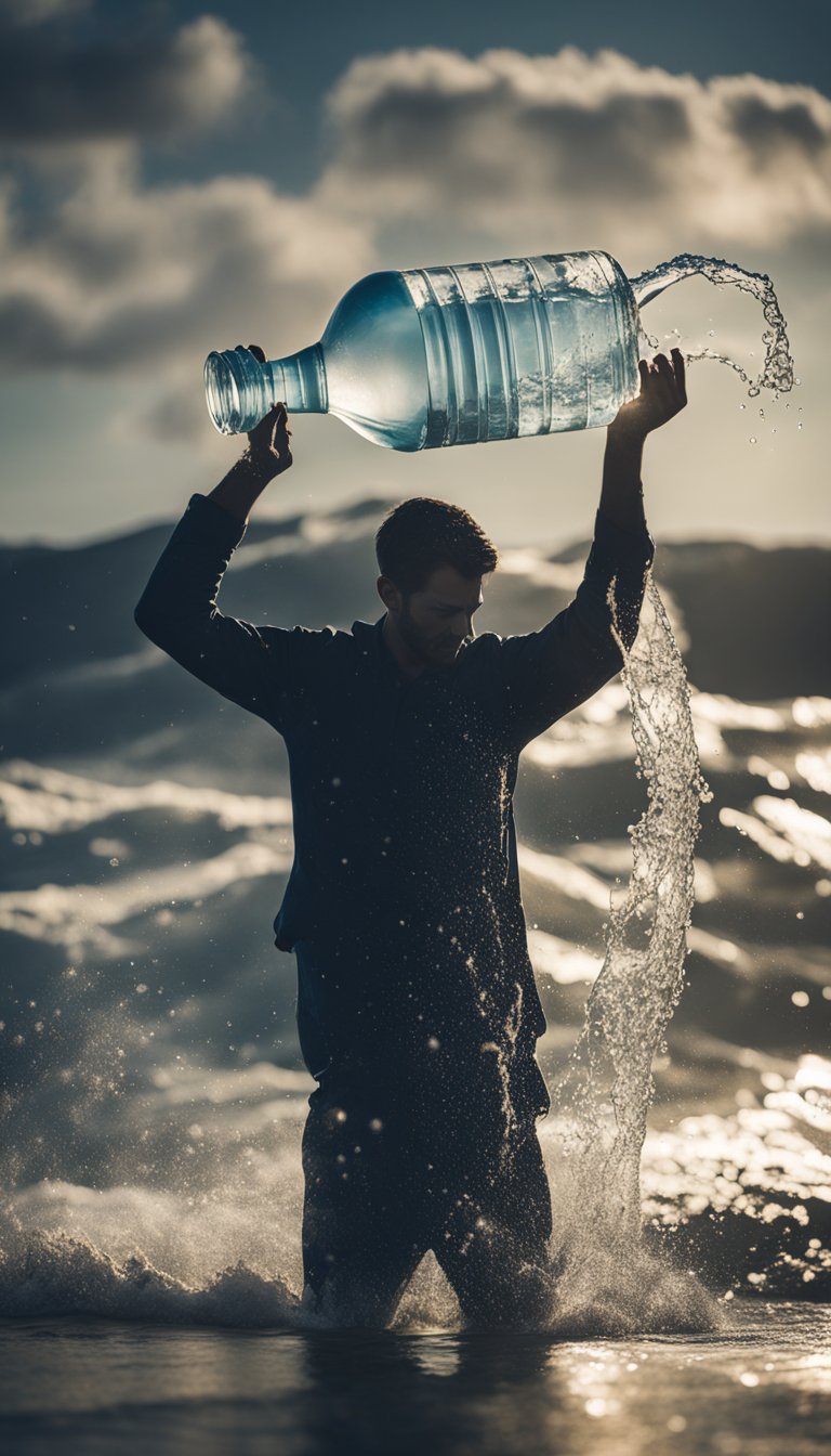 A figure surrounded by water and air, holding a water jug and pouring it out, with waves and wind swirling around