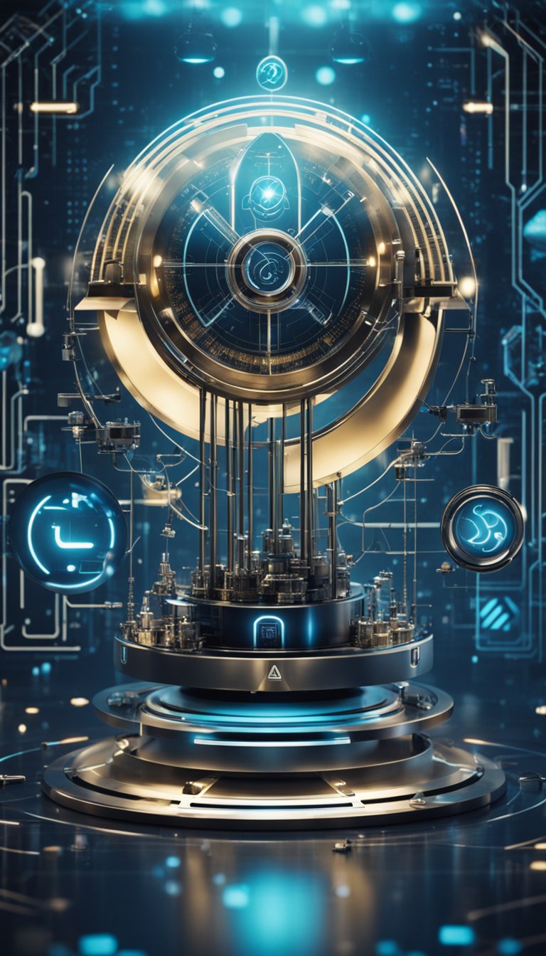 An Aquarius symbol surrounded by futuristic technology and innovative gadgets
