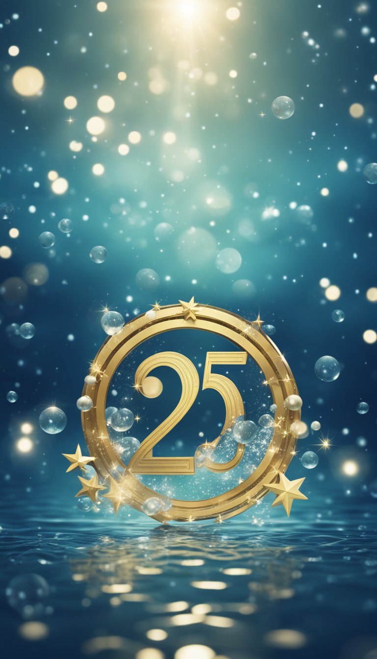 A constellation of stars forming the Aquarius symbol, surrounded by water ripples and air bubbles, with the number 25 subtly integrated into the design