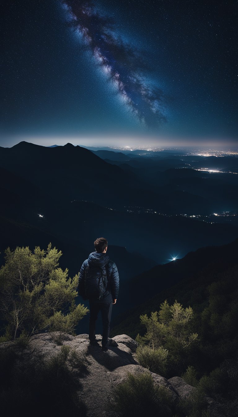 A lone figure stands on a mountaintop, gazing out at the vast expanse of stars in the night sky, their expression unreadable