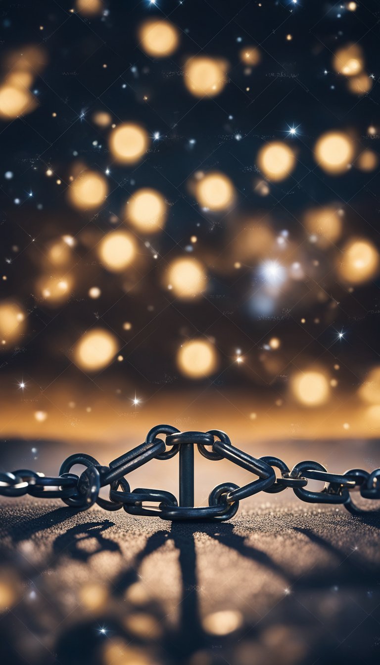 A figure breaking free from chains under a starry sky
