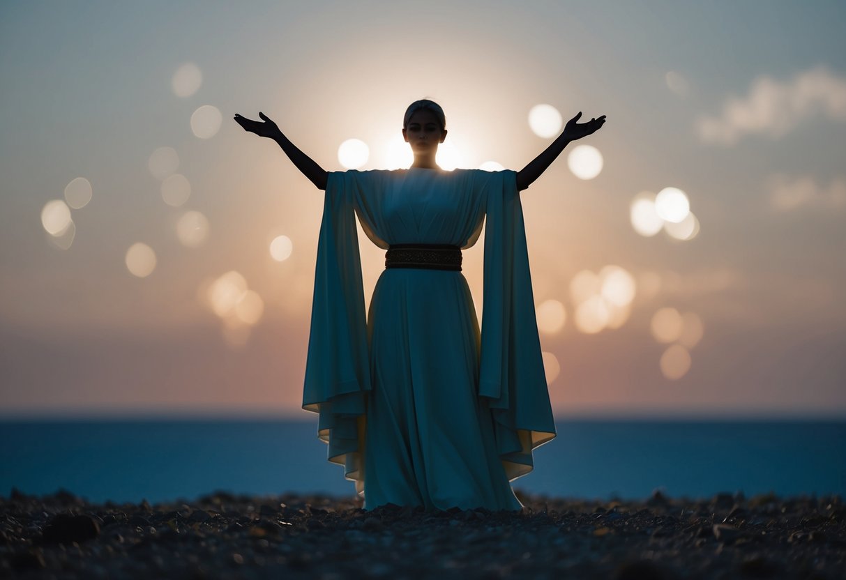 A radiant figure standing amidst a timeless expanse of light and darkness