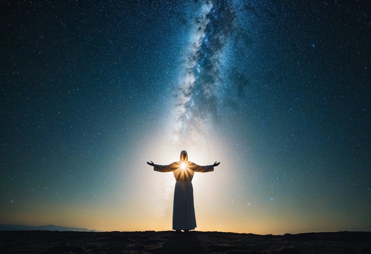 A radiant figure standing amidst an endless expanse of stars, emanating a sense of timeless existence and unwavering faith
