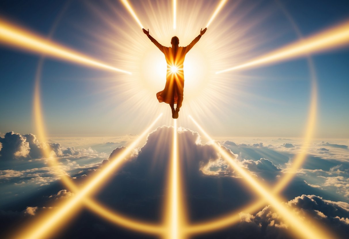 A radiant figure ascending to the heavens, surrounded by a glowing aura and beams of light emanating from the center