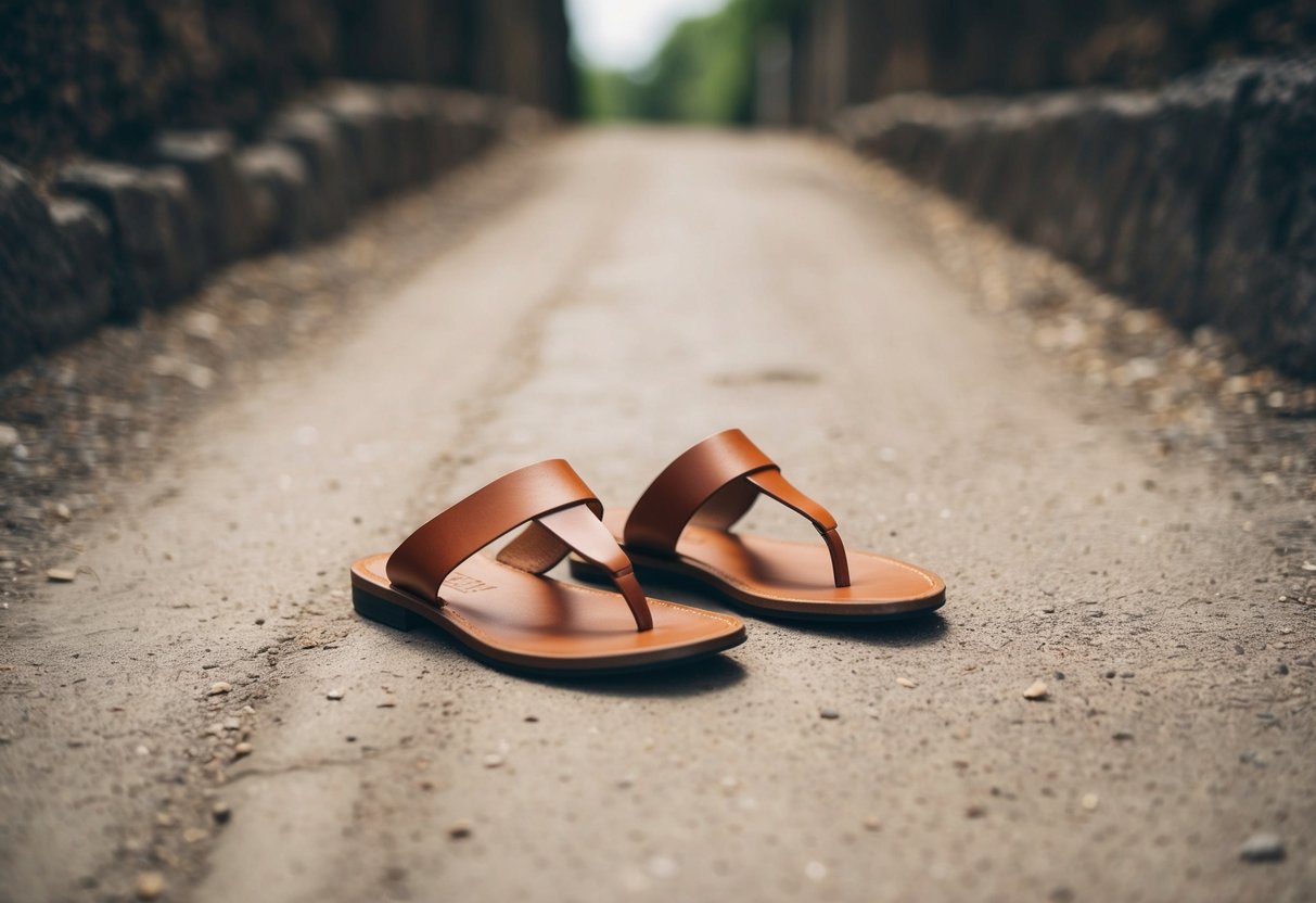 A pair of simple, leather sandals resting on a dusty, ancient pathway
