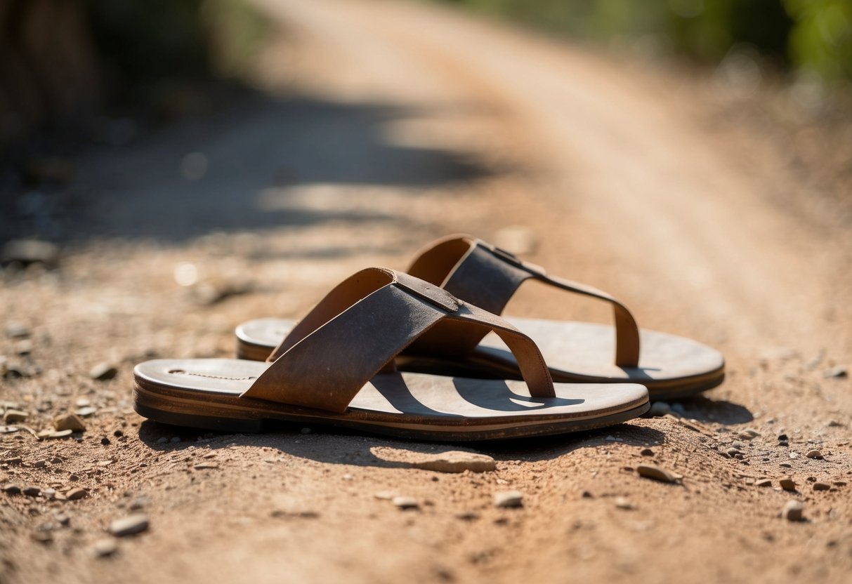 A pair of ancient leather sandals lying on a dusty, sun-soaked path. The simple design and worn appearance hint at a long history of use