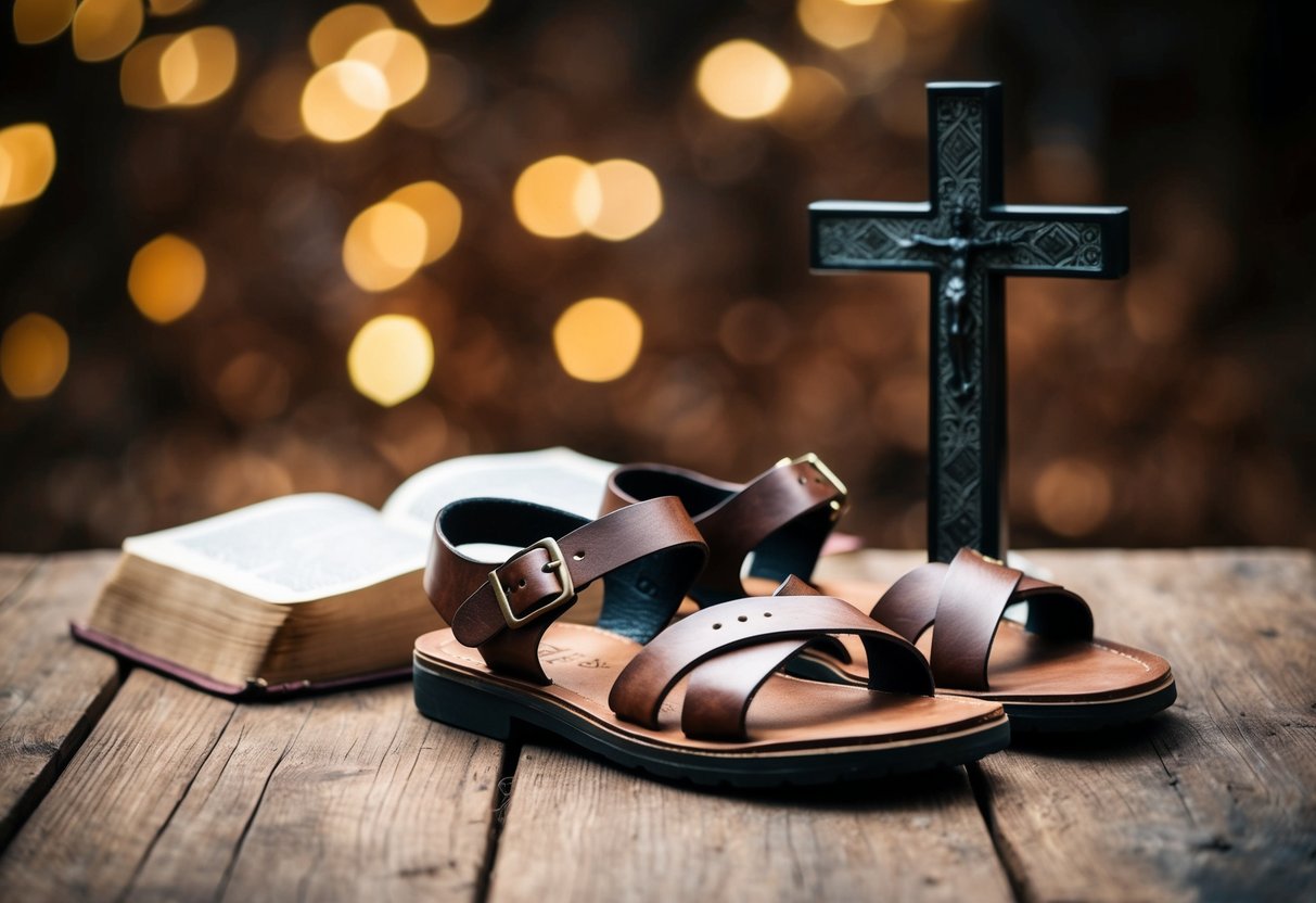 A pair of worn leather sandals placed next to a Bible and a cross, symbolizing the cultural and religious significance of Jesus sandals