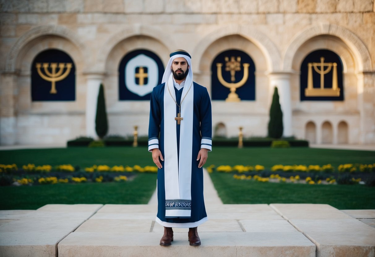 A figure in traditional Hebrew clothing standing before a historical setting, with symbols of Christianity and Judaism present