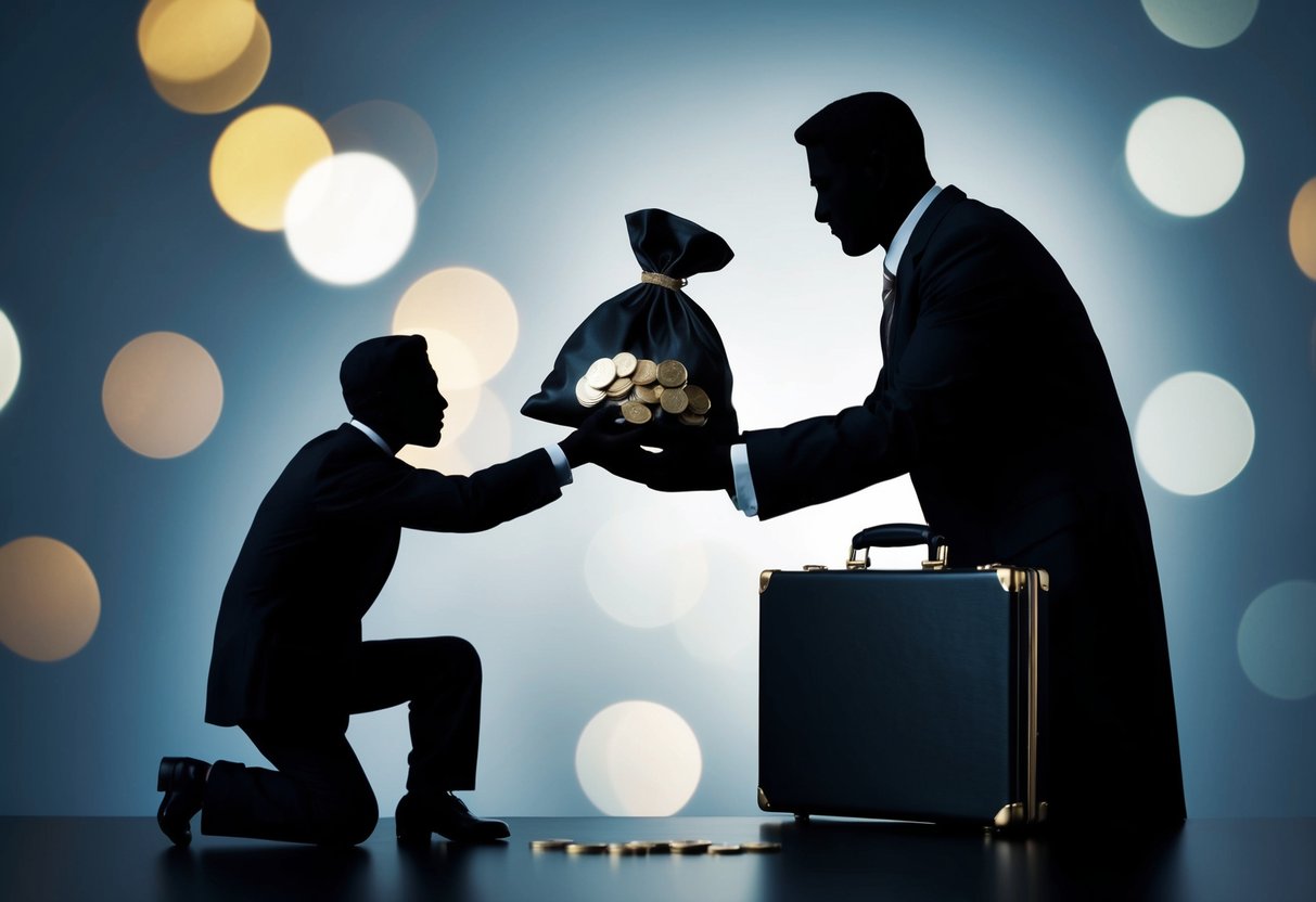 A shadowy figure exchanges a bag of coins for a briefcase with a sense of betrayal and deceit in the air