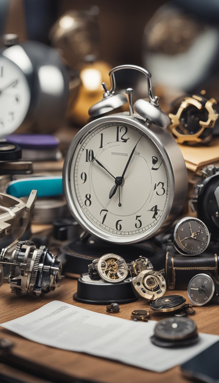 A cluttered desk with scattered papers, unfinished projects, and various fidget toys. A clock shows multiple time zones