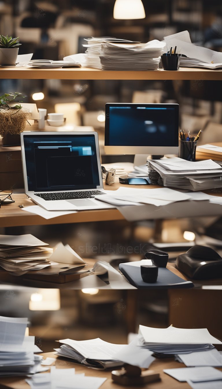 A cluttered desk with scattered papers, unfinished tasks, and various distractions