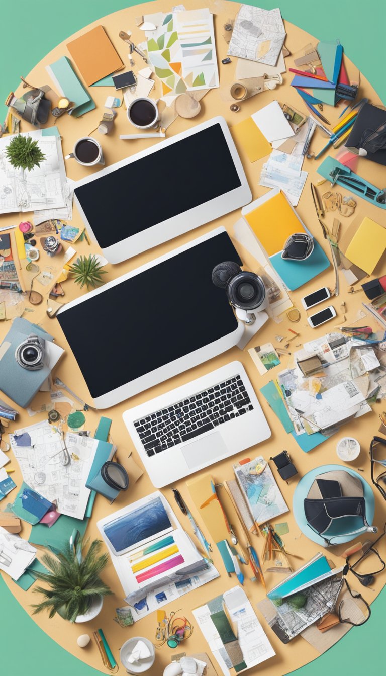 A cluttered desk with scattered art supplies and books on various topics, surrounded by colorful illustrations and sketches of diverse subjects