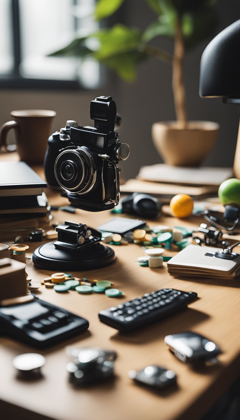 A cluttered desk with scattered items, a restless chair, and a spinning fidget toy