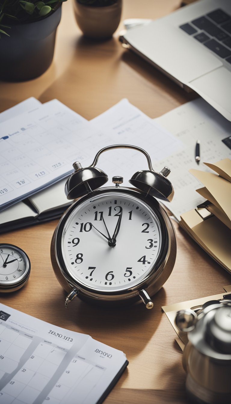 A cluttered desk with a calendar, clock, and scattered papers. An empty to-do list and a sense of overwhelm