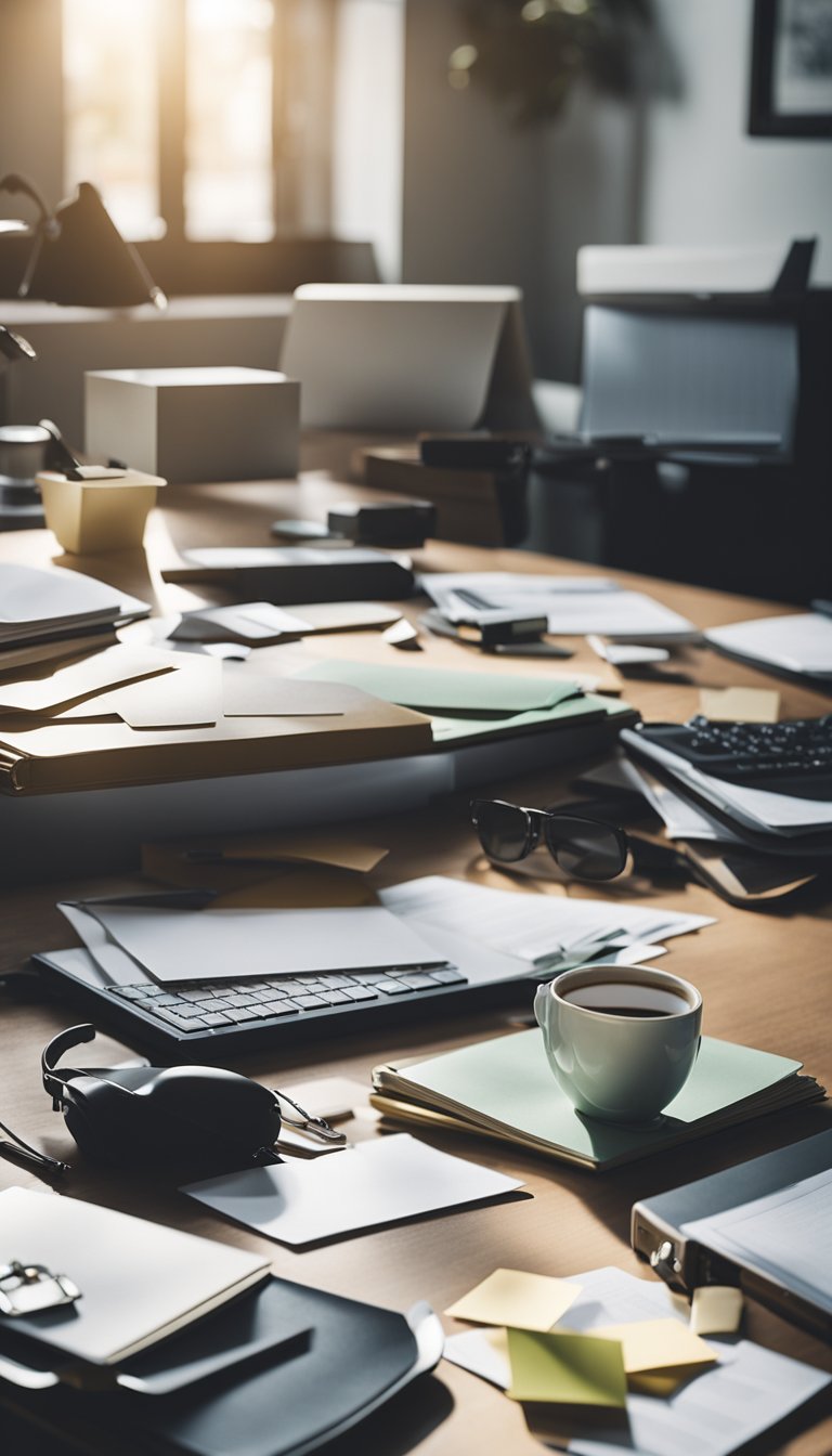 A scattered desk with misplaced items, unfinished tasks, and scattered papers