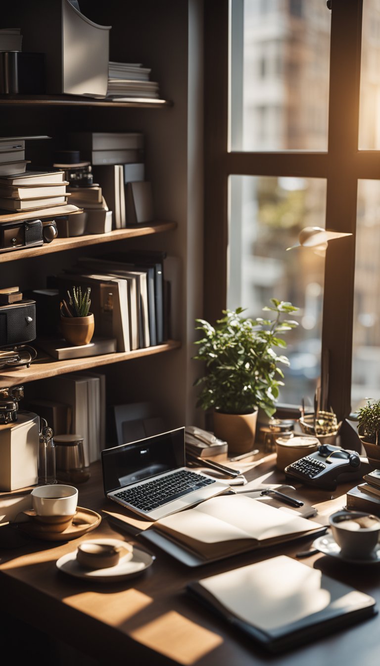 A cluttered desk with various objects and open windows with distractions outside