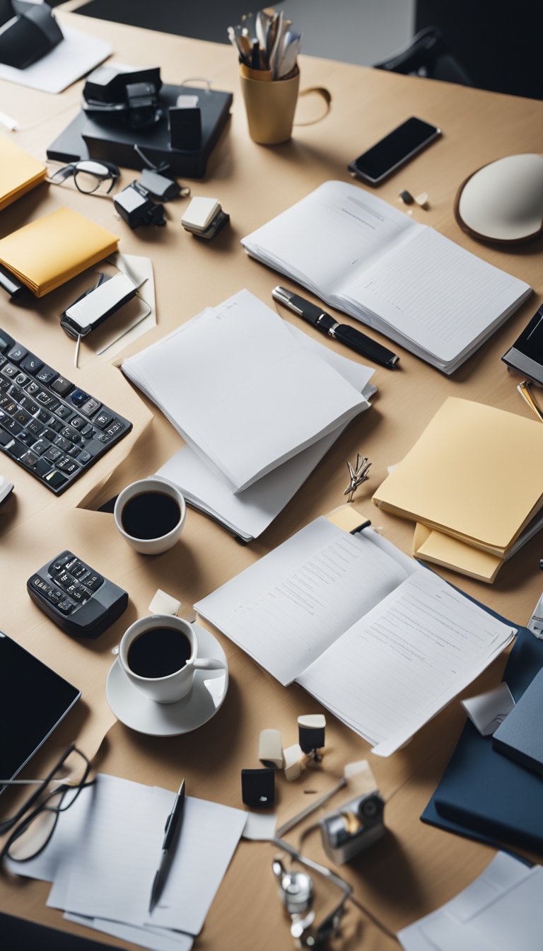 A cluttered desk with scattered papers, unfinished projects, and a distracted individual