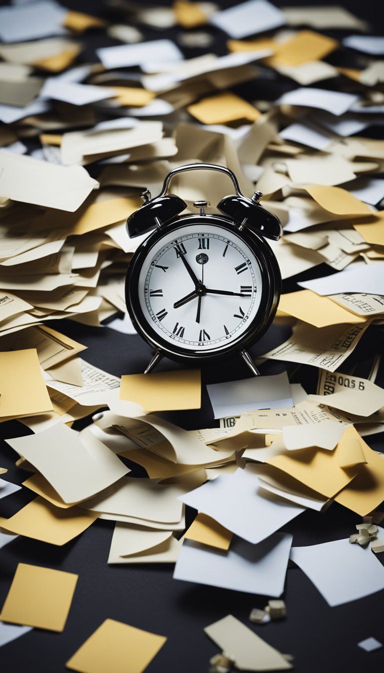 A disorganized desk with scattered papers and a clock showing a late time