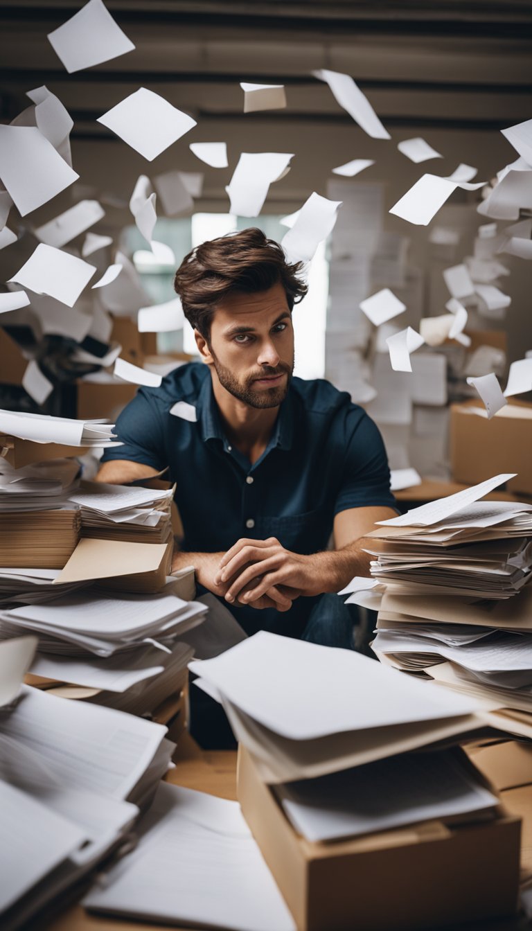 A cluttered desk with scattered papers, unfinished projects, and multiple to-do lists. An overwhelmed individual sits amidst the chaos, struggling to focus