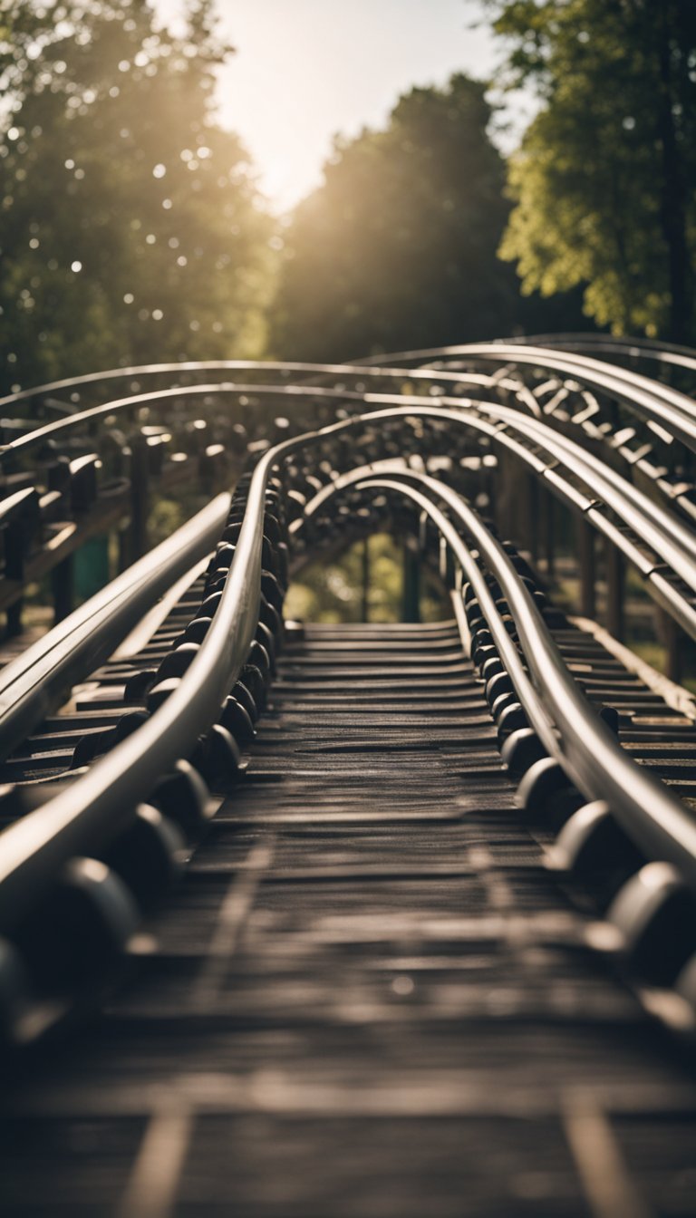 A rollercoaster track with sharp turns and sudden drops