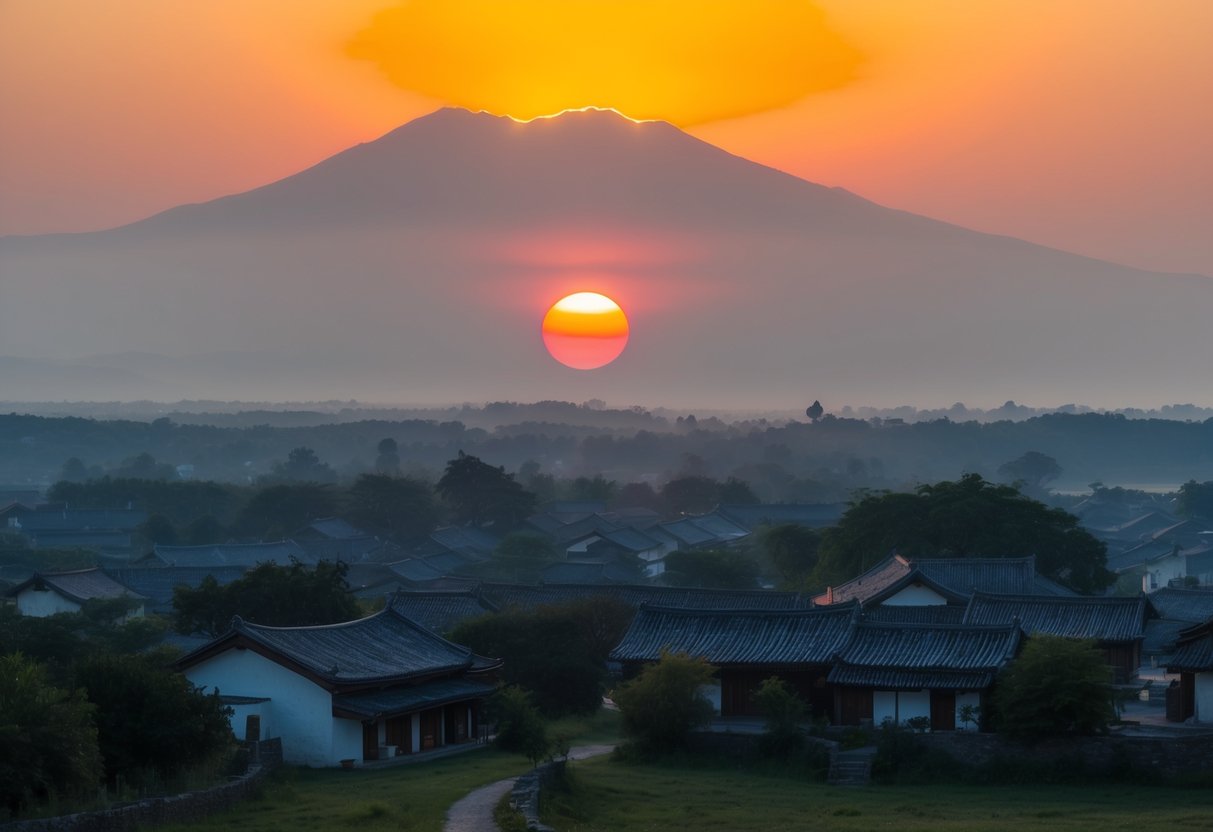 A serene landscape with a sun setting behind a mountain, casting a warm glow over a peaceful village with traditional buildings and a quiet atmosphere