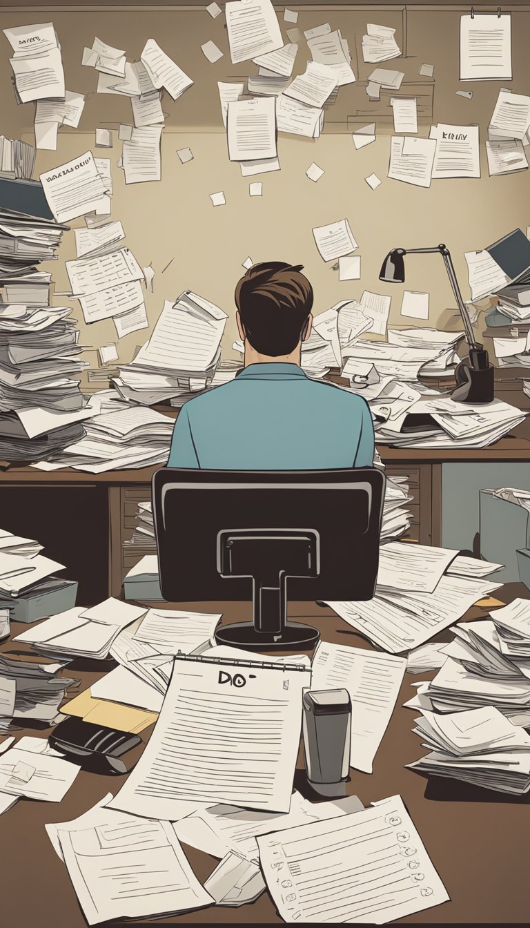A cluttered desk with scattered papers and a disorganized to-do list. A person looks overwhelmed and distracted, struggling to focus on one task