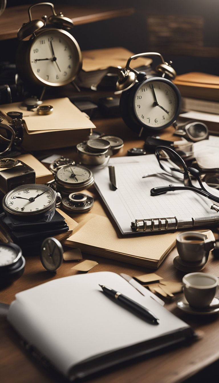 A cluttered desk with unfinished tasks and scattered supplies. A clock shows the passing of time