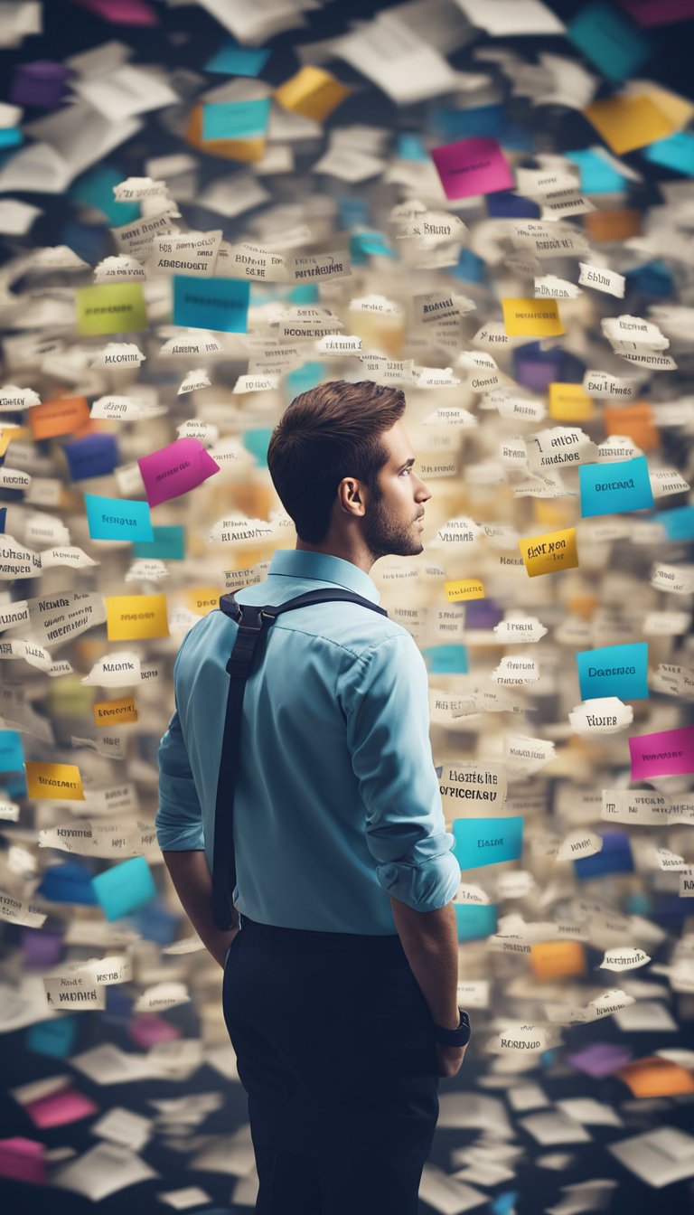 A person surrounded by a storm of critical words, each one a different color representing various traits associated with ADHD