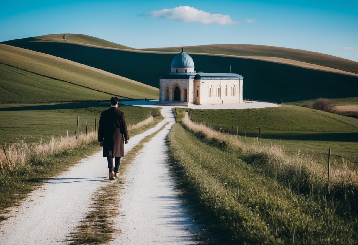 A serene countryside with a solitary figure walking along a path towards a traditional synagogue, surrounded by rolling hills and a bright blue sky