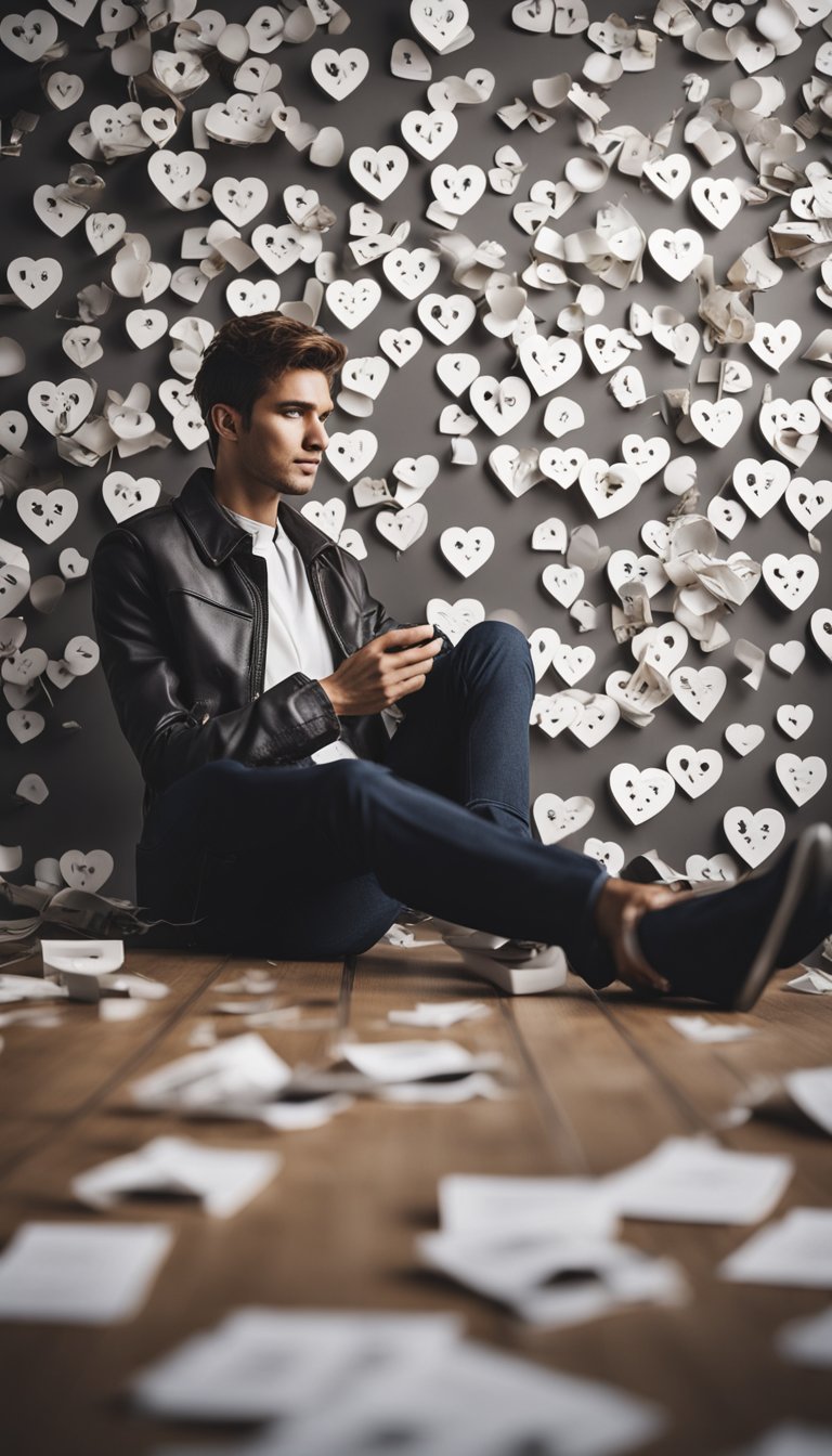 A person surrounded by broken heart symbols, tangled phone cords, and scattered calendar pages