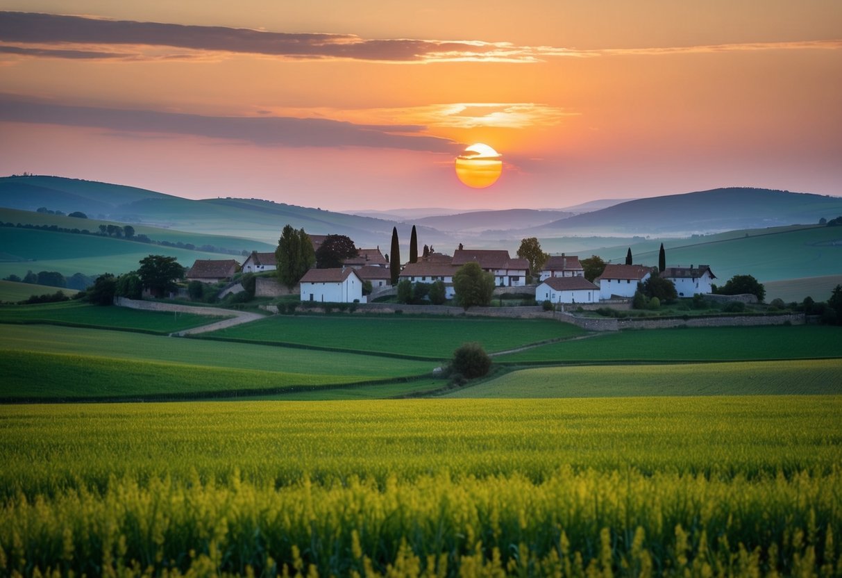 A serene landscape with a sun setting behind a peaceful village, surrounded by fields and hills, evoking a sense of rest and spiritual significance