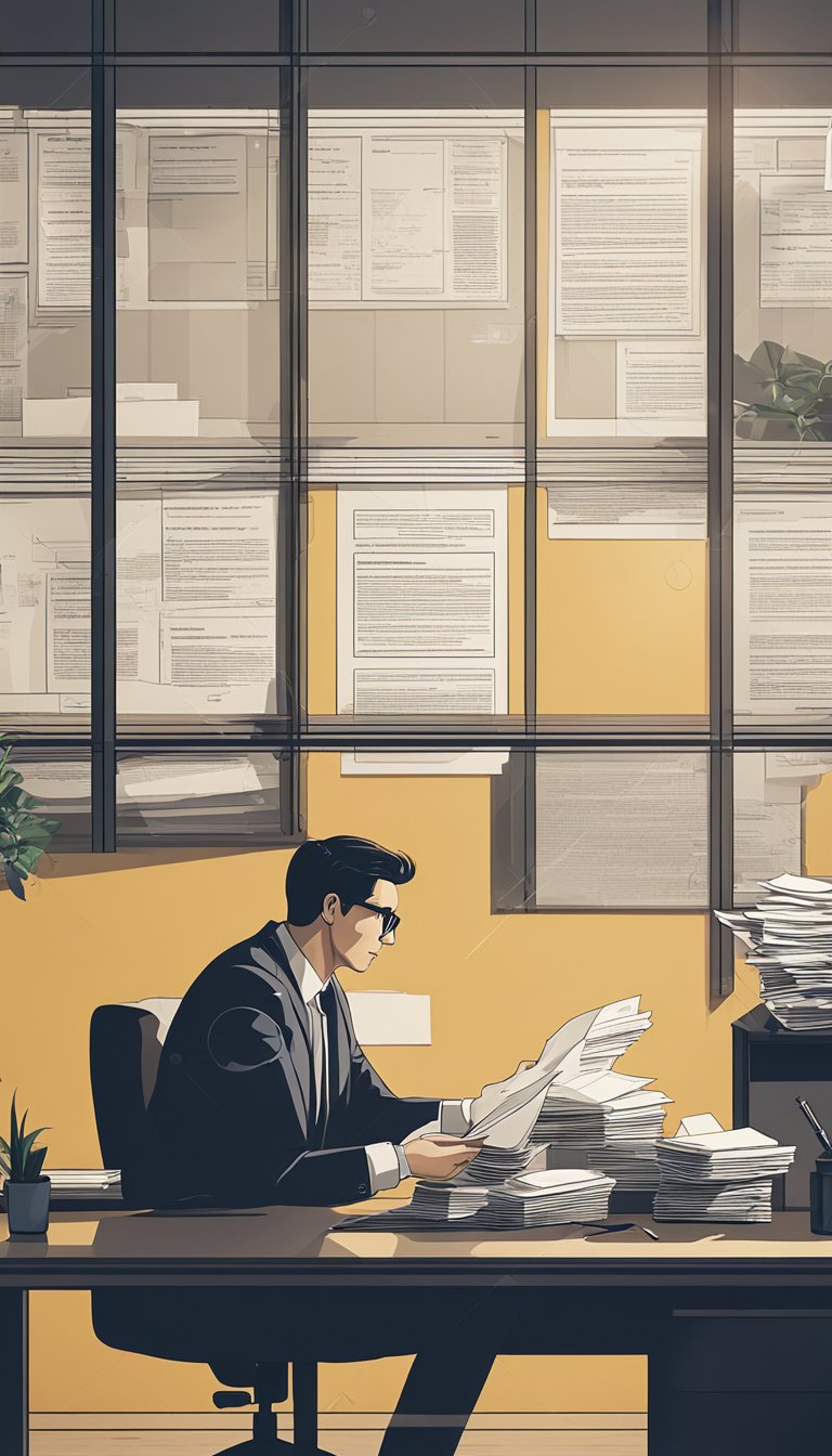 A person sitting at a desk with scattered papers and a distracted expression, gazing out the window with a distant look in their eyes