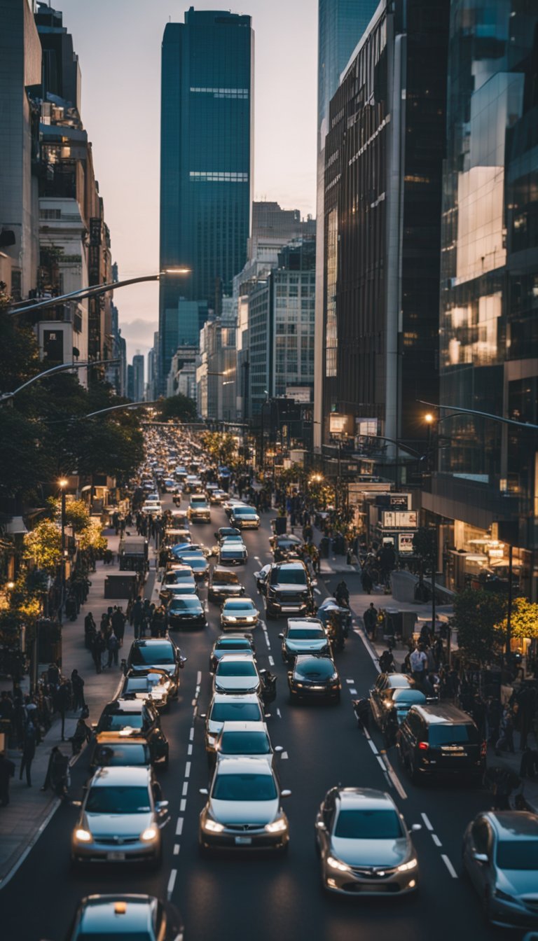 A busy city street with cars, pedestrians, and bicycles moving in all directions, surrounded by bustling shops and tall buildings