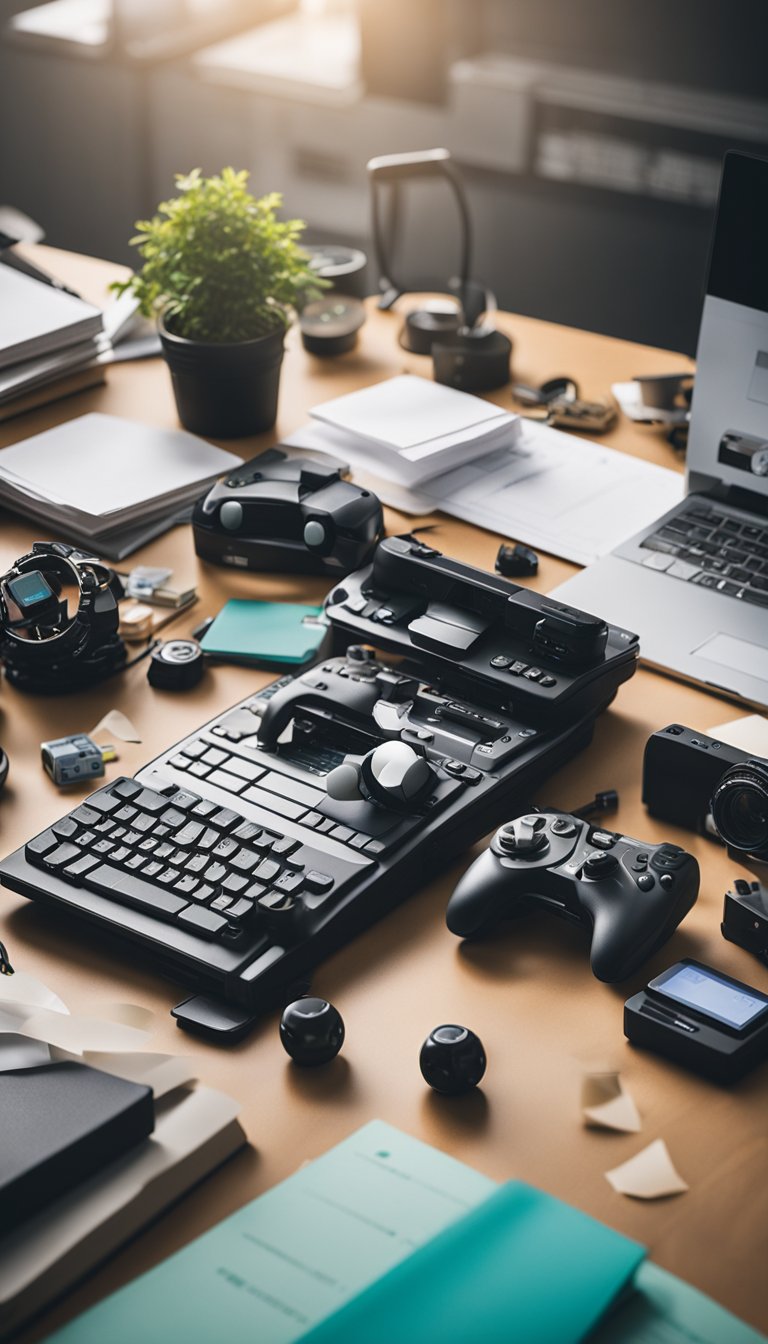 A cluttered desk with scattered papers, unfinished projects, and various fidget toys