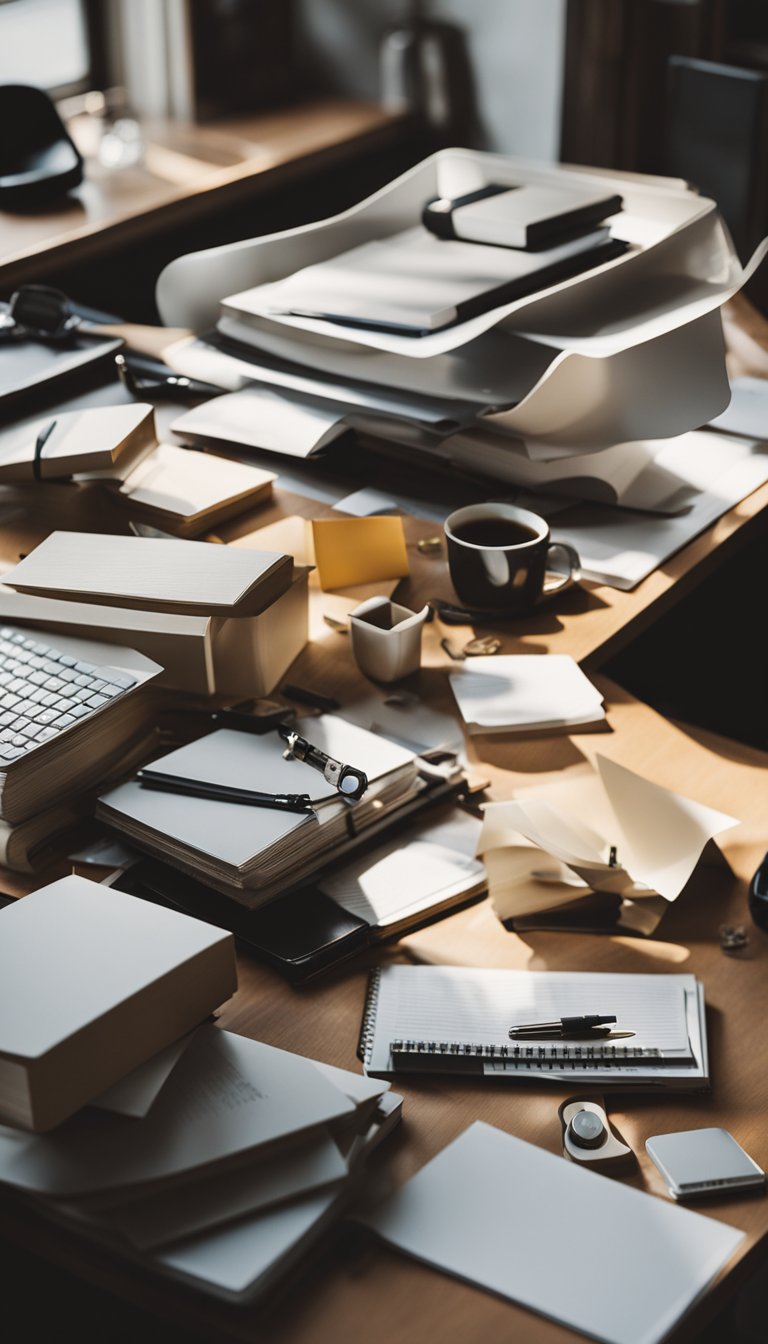 A cluttered desk with scattered papers and pens, a disorganized bookshelf, and a person fidgeting in their chair