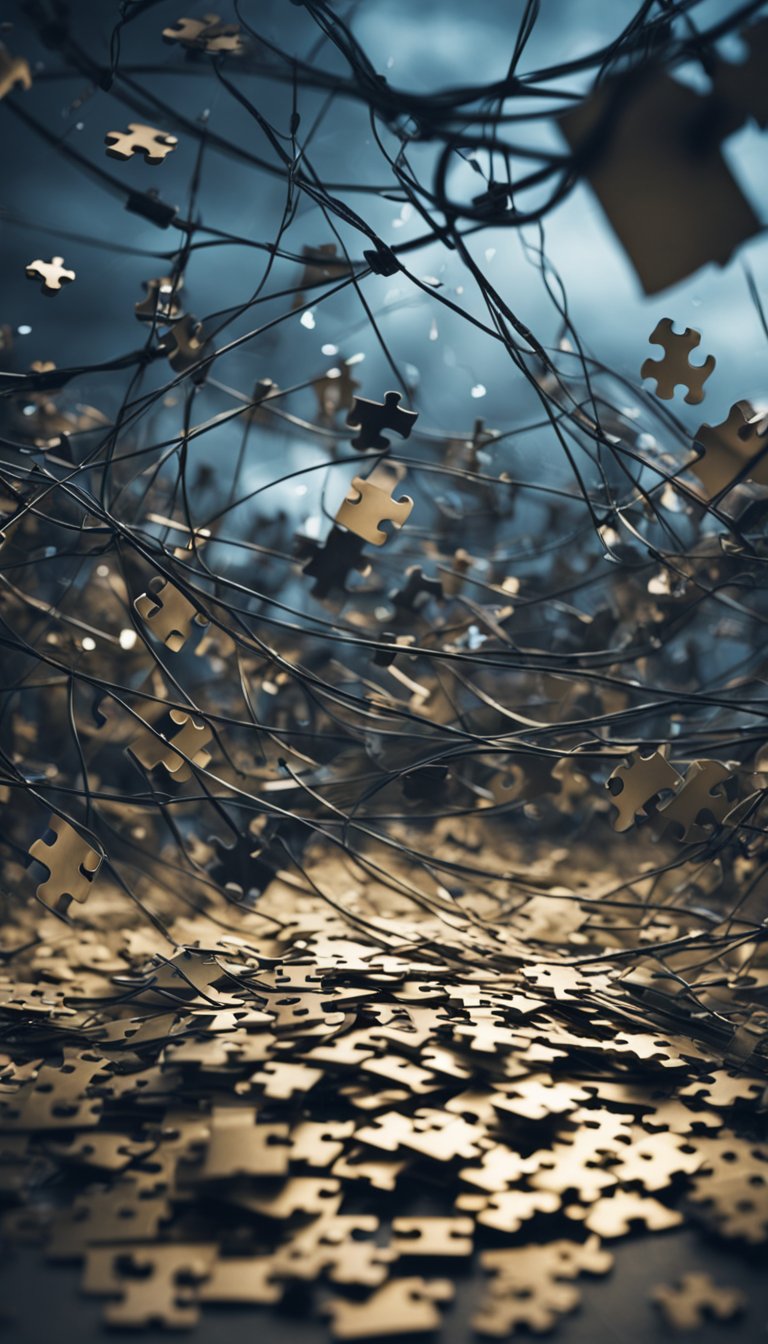 A chaotic storm with scattered puzzle pieces and tangled wires