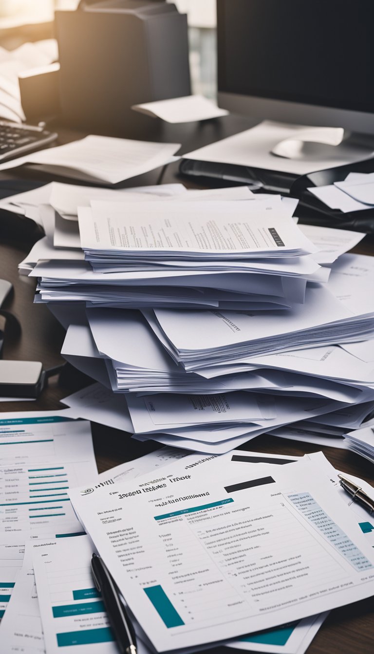 A cluttered desk with scattered resumes and job listings, surrounded by scattered papers and unfinished tasks