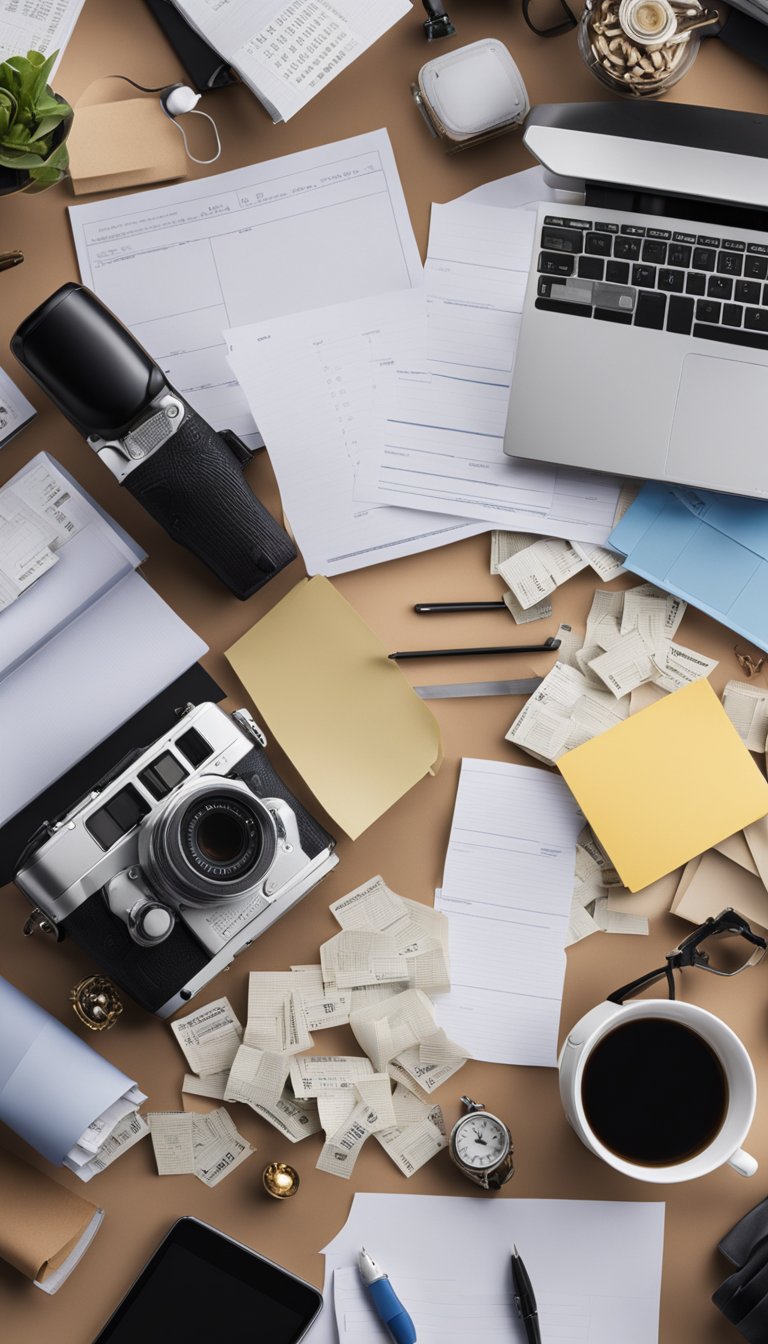 A cluttered desk with scattered papers and misplaced items