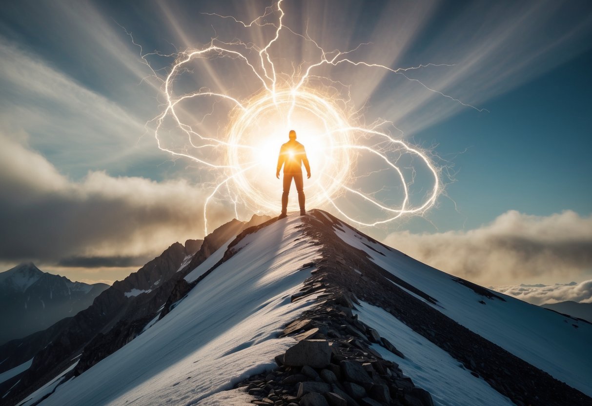 A radiant figure stands on a mountain peak, surrounded by swirling winds and crackling energy