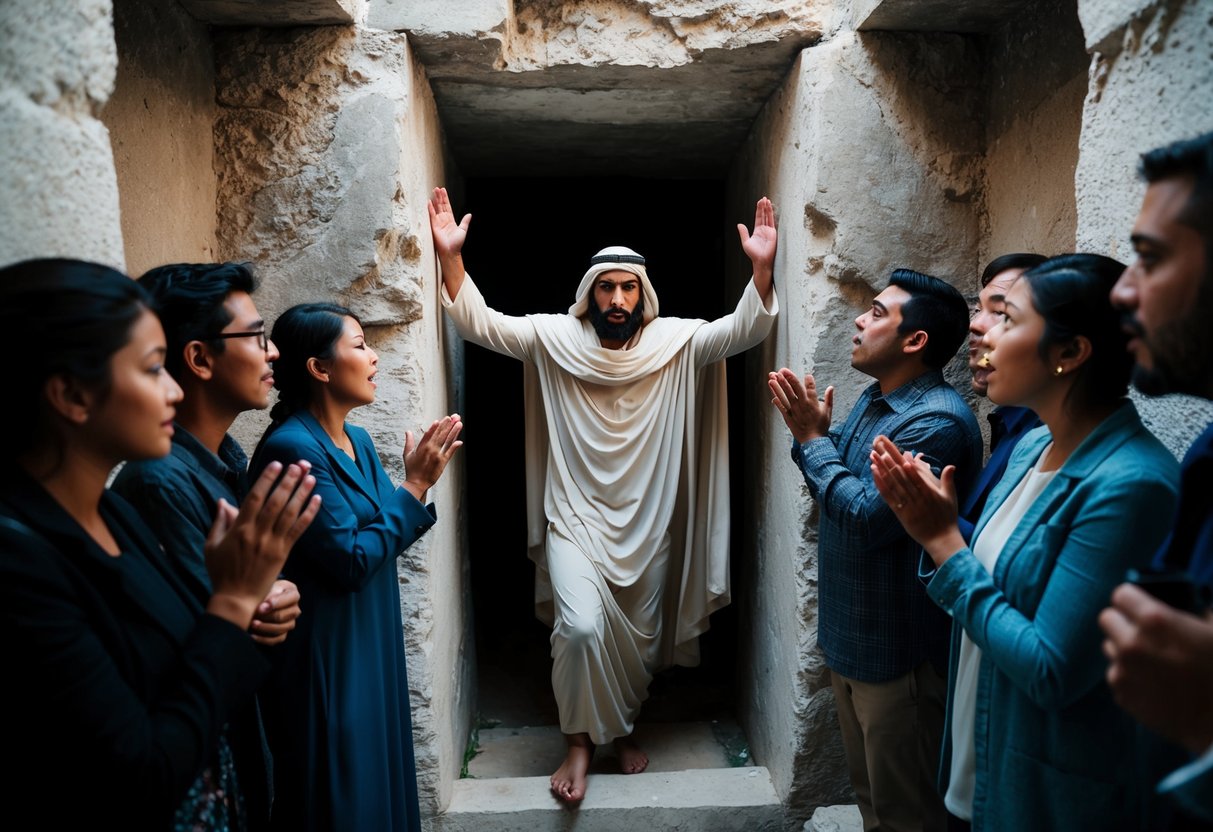 A figure emerges from a tomb, surrounded by astonished onlookers
