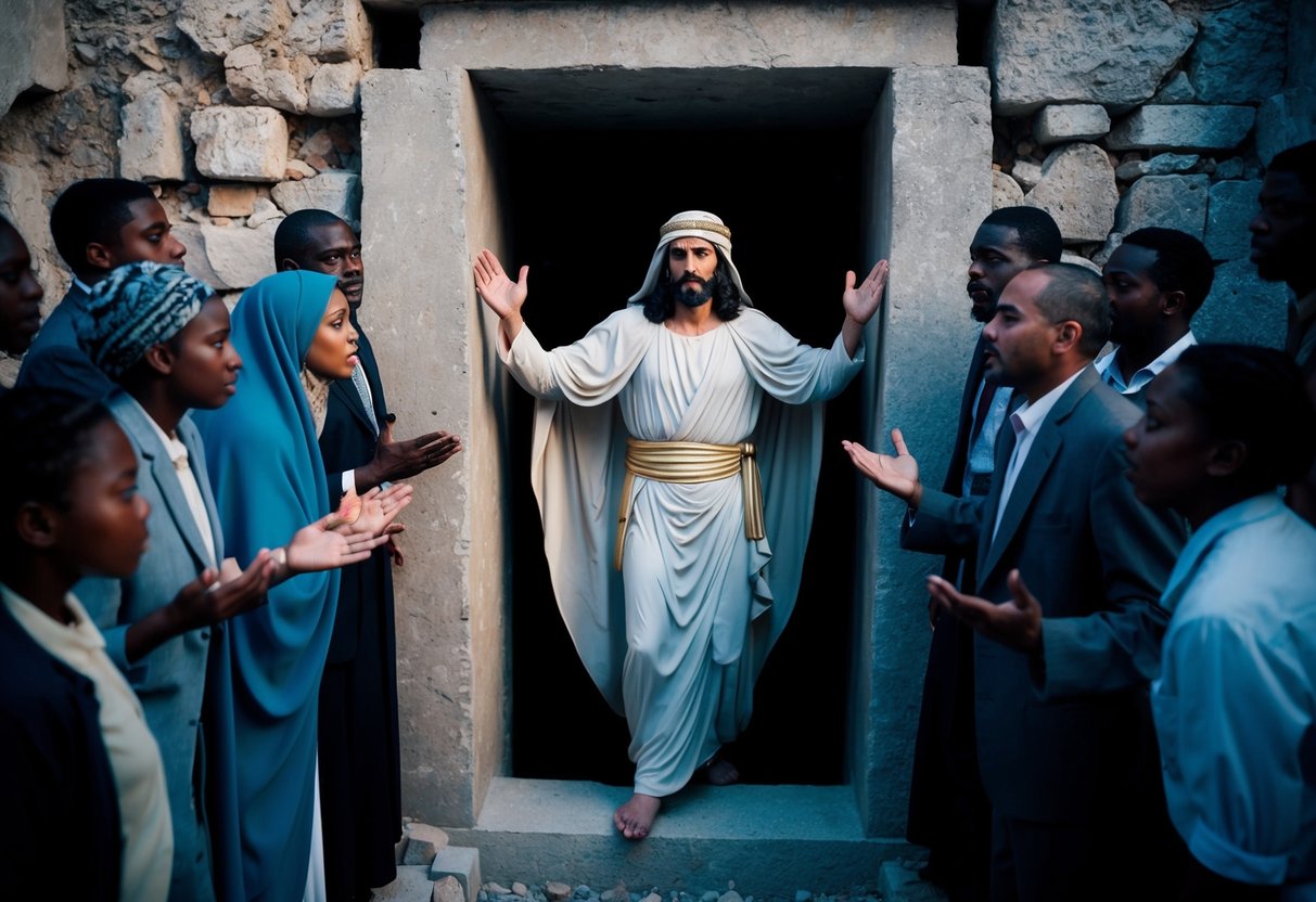 A figure emerging from a tomb, surrounded by astonished onlookers