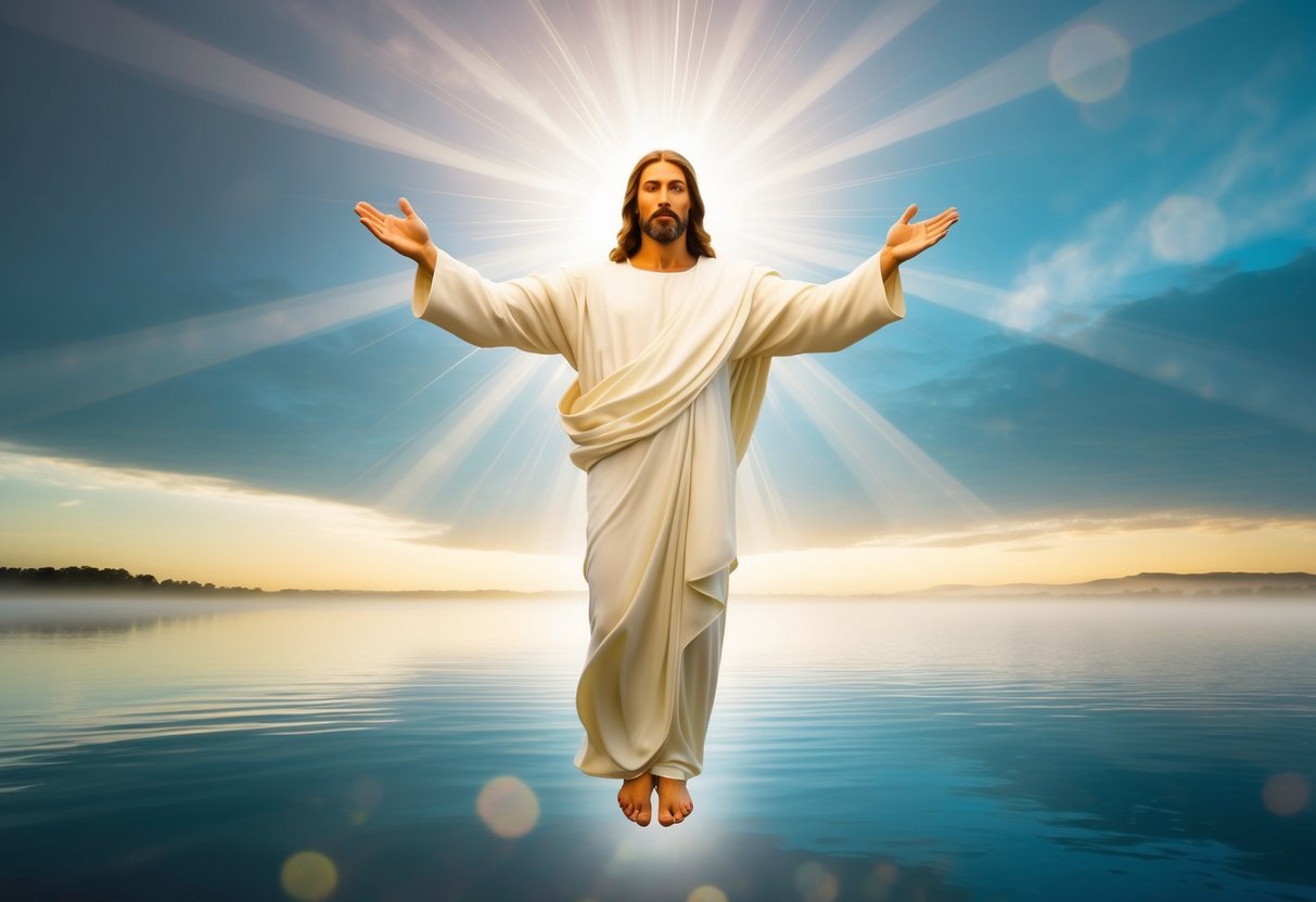 Jesus hovers above a tranquil landscape, arms outstretched, radiating light