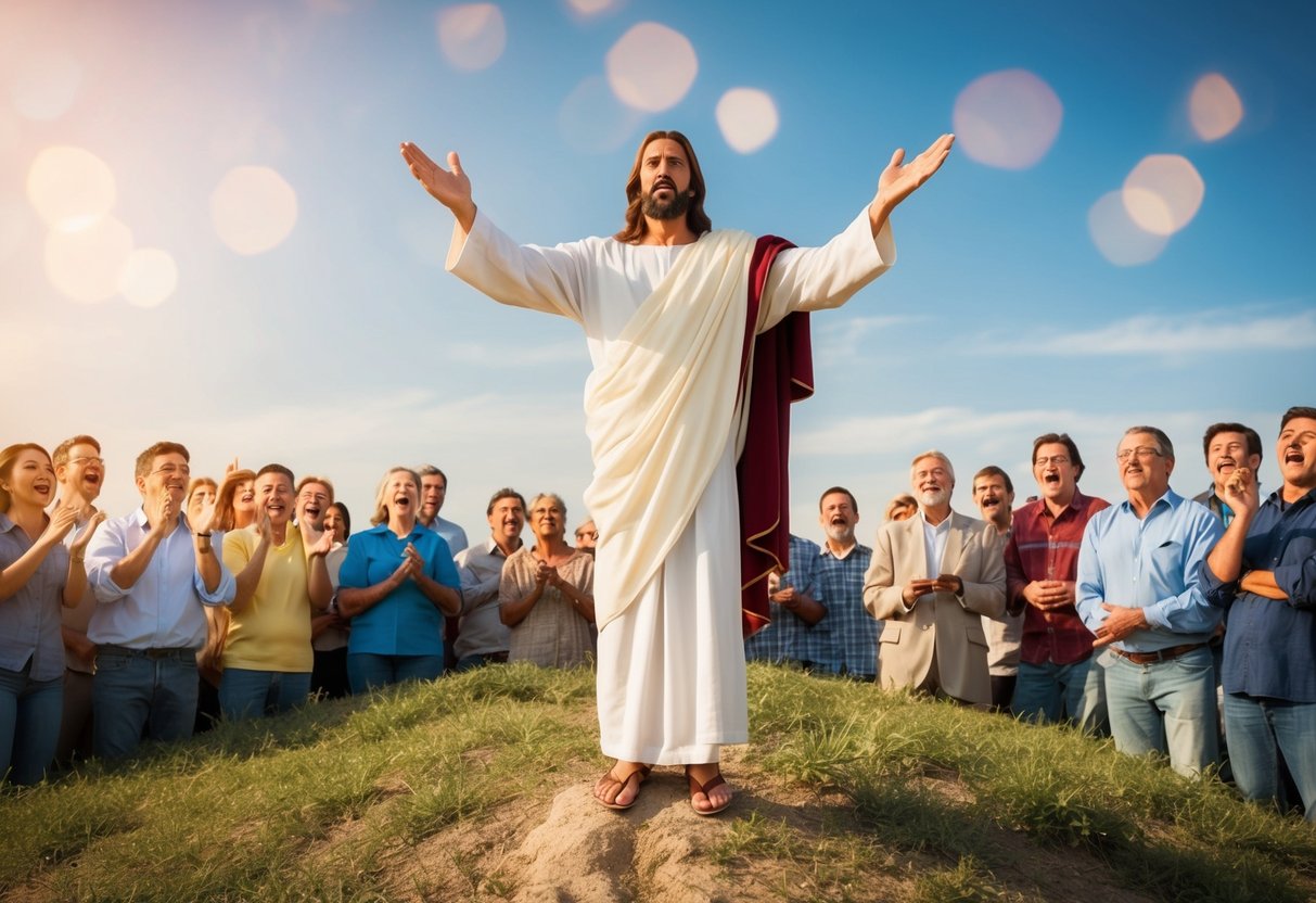 Jesus stands on a hill, arms outstretched, as he hovers above the ground, surrounded by amazed onlookers