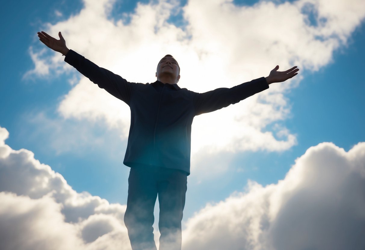 A figure with outstretched arms, surrounded by clouds, ascending upward