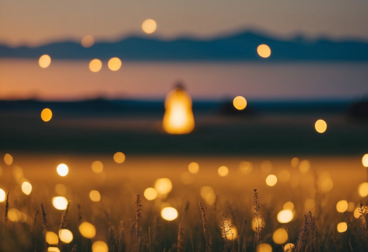 A serene landscape with a glowing figure in the distance, surrounded by a warm, golden light