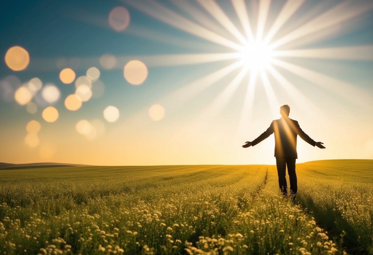 A bright light shining down on a peaceful landscape, with a figure in the distance radiating love and compassion